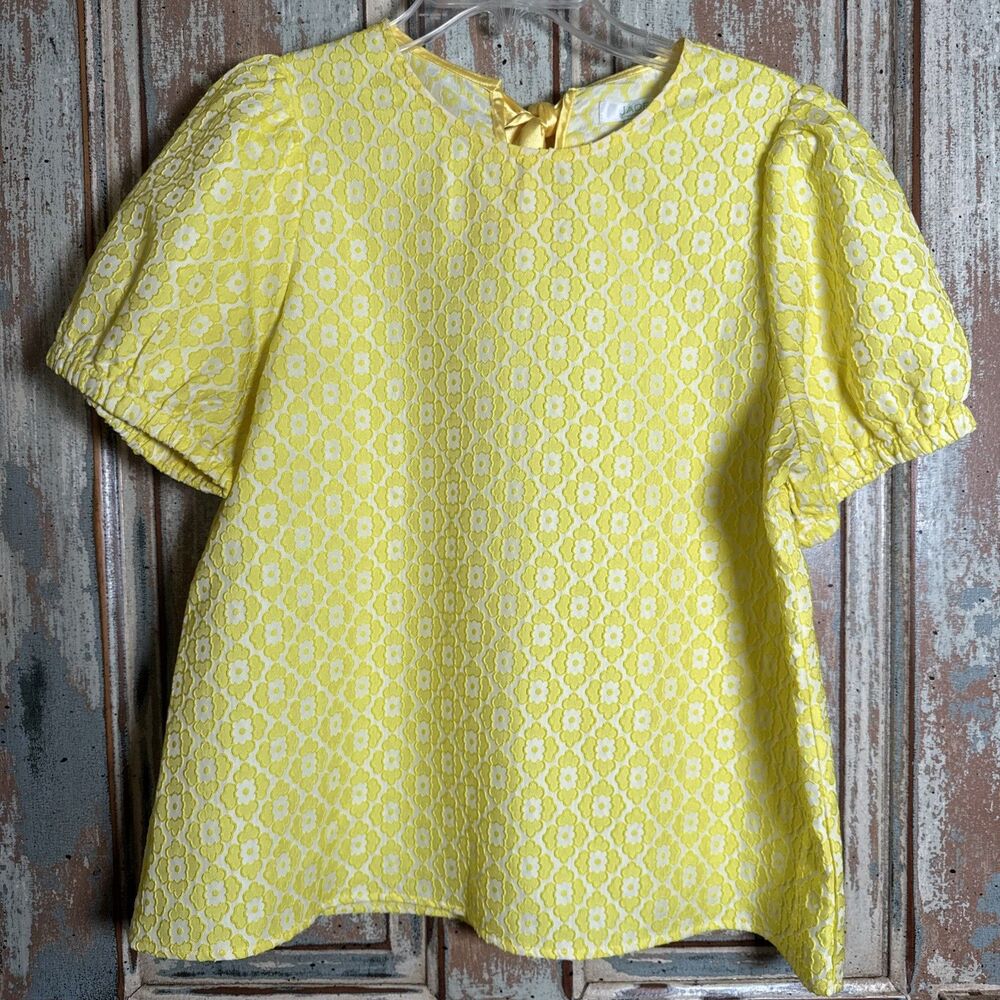Jade Melody Tam Yellow Blouse L With Silk Bow Tie At Back Short Sleeve Brocade